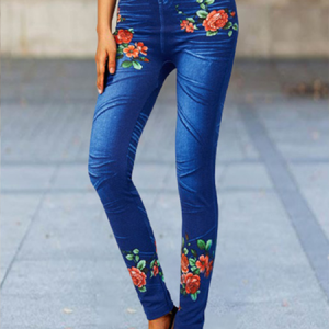 Casual Floral Natural Ankle Pants Legging, Leggings, color:Blue|size:3XL, Noracora