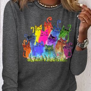 Women's Cat Watercolor Print Casual Crew Neck Shirt, color:Gray|size:3XL, Lilicloth.com