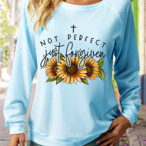 Women's Forgiven Sunflower Regular Fit Text Letters Casual Sweatshirt, color:Light Blue|size:3XL, Lilicloth.com