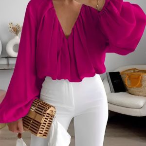 V Neck Elegant Loosen Long Sleeve Plain Blouse, Blouses and Shirts, color:Deep Pink|size:XXL, Stylewe