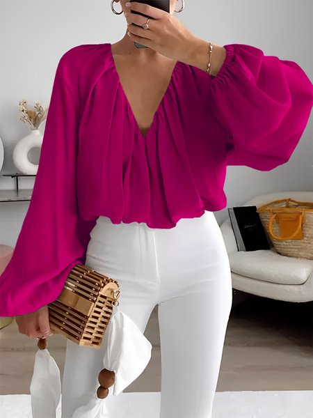 V Neck Elegant Loosen Long Sleeve Plain Blouse, Blouses and Shirts, color:Deep Pink|size:XXL, Stylewe