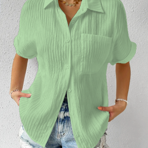 Women Elegant Plain Shirt Collar Pocket Buttoned Down Loose Short Sleeve Blouse, Blouses & Shirts, Roselinlin - Online Catalog