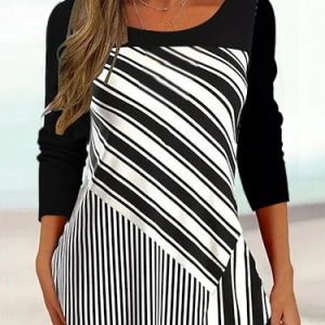 Crew Neck Casual Color Block Knitted Shirt, Shirts & Blouses, color:Black|size:XXL, JustFashionNow
