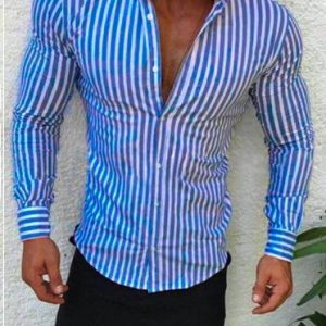 Color Block Cotton-Blend Regular Sleeve Casual Shirt, Shirts ＆ Blouse, color:Lake Blue|size:3XL, JustFashionNow