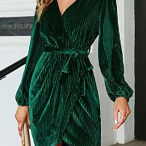 Women Plain V Neck Long Sleeve Comfy Casual Short Dress, Dresses, color:darkgreen|size:3XL, Noracora