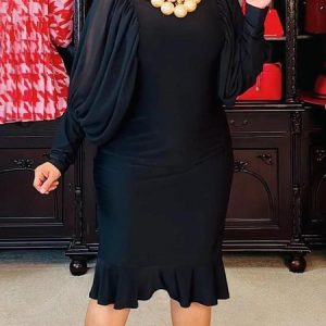 Plain Elegant Crew Neck Tight Long Sleeve Midi Party Dress, Midi Dresses, color:Black|size:XXL, Stylewe