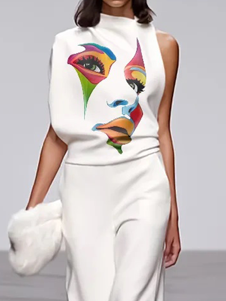 Loose High Elasticity Urban Stand Collar Sleeveless Face Shirt, Blouses and Shirts, color:White|size:XXL, Stylewe