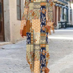 Women Floral Crew Neck Long Sleeve Comfy Casual Pocket Stitching Maxi Dress, Maxi, color:Yellow|size:XXL, Noracora