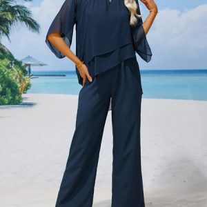 Plain Elegant Crew Neck Loose Urban Two-Piece Set, Suit Set, color:Navyblue|size:XXL, JustFashionNow