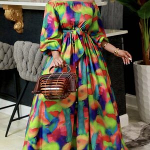 Color Block Vacation Loose Cold Shoulder Dress With Belt, Maxi Dresses, color:Multicolor|size:XXL, Stylewe