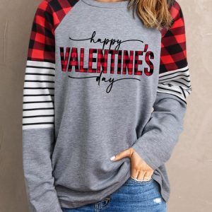 Gray Happy Valentine Day Graphic Buffalo Plaid & Stripe Top, T-Shirts, color:Multicolor|size:XXL, JustFashionNow