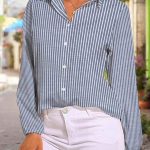 Shirt Collar Long Sleeve Striped Buckle Regular Loose Blouse For Women, Blouses, color:Blue|size:3XL, Noracora