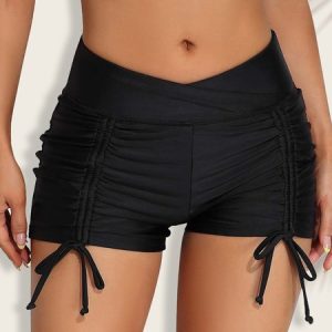 Sports Plain Drawstring Bikini Bottom, Swim Bottoms, color:Black|size:XXL, Stylewe