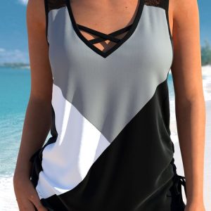 Casual Color Block Lace V Neck Tank Top, Tanks & Camis, color:Black|size:XXL, JustFashionNow