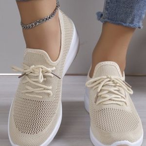 Casual Plain Breathable Lace-Up Block Heel Fly Woven Shoes Hollow Out, Sneakers&Athletic, color:Apricot|size:40, Noracora