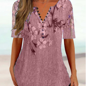 Casual Regular Fit Floral V Neck Shirt, Shirts & Blouses, color:Pink|size:XXL, JustFashionNow