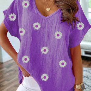 Casual Daisy V neck Cotton Loose Short Sleeve Top, Shirts & Blouses, color:Purple|size:XXL, JustFashionNow