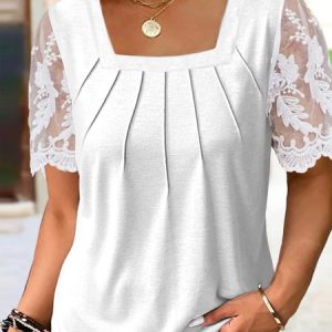 Plus Size Square Neck Casual Lace Edge Plain Shirt, Shirts & Blouses, color:White|size:4X, JustFashionNow