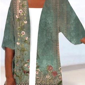 Vintage Ethnic V Neck Loose Kimono, Cardigans, color:Green|size:XXL, JustFashionNow