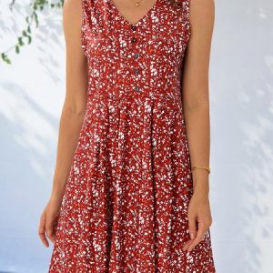 Ditsy Floral V Neck Vacation Dress, Dresses, color:Red|size:XXL, JustFashionNow