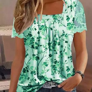 Casual Lace Square Neck Floral Shirt, Shirts & Blouses, color:Green|size:XXL, JustFashionNow