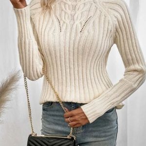 Raglan Sleeve Cable Knit Sweater, Sweaters, color:Off White|size:XXL, JustFashionNow