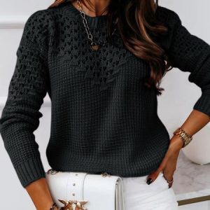 Plain Casual Crew Neck Sweater, Sweaters, color:Black|size:XXL, JustFashionNow