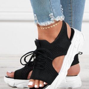 Breathable Hollow Out Lace Up Front Slip On Sports Sandals, Sandals, color:Black|size:42, JustFashionNow
