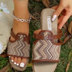 Ethnic Striped Square Toe Slide Sandals, Sandals, color:As Picture|size:43, Noracora