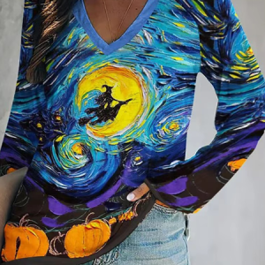 Casual V Neck Halloween Painting Regular Fit T-Shirt, T-Shirts, color:Multicolor|size:XXL, JustFashionNow