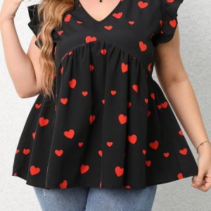 Plus Size Flouncing Casual V Neck Shirt, Shirts & Blouses, color:Black|size:4X, JustFashionNow