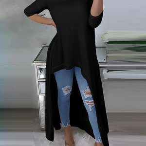 Loose Crew Neck Long sleeve Plain Urban Long Top, Blouses and Shirts, color:Black|size:XXL, Stylewe