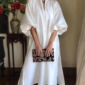 Loose Plain Shirt Collar Elegant Dress, Midi Dresses, color:White|size:XXL, Stylewe