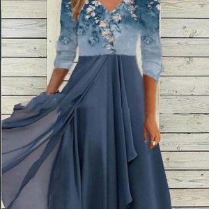 Floral V Neck Regular Fit Wedding Dress, Party Dresses, color:Blue|size:5XL, JustFashionNow