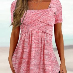 Loose Casual Square Neck Plain T-Shirt, T-Shirts, color:Pink|size:XXL, JustFashionNow