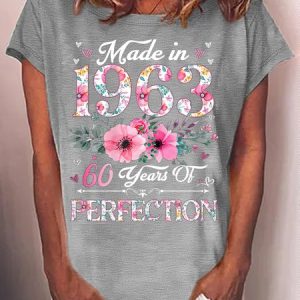 Women's 60 Year Old Made In 1963 Floral 60th Birthday Gifts Casual T-Shirt, color:Gray|size:3XL, Lilicloth.com
