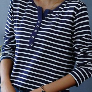 Crew Neck Long Sleeve Striped Regular Loose Shirt For Women, Blouses, color:Blue|size:5XL, Noracora