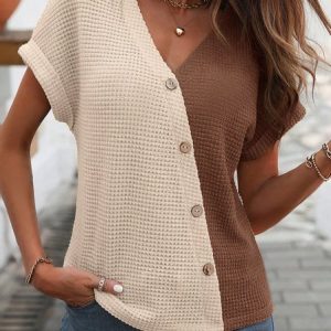 Buckle Casual Color Block Shirt, Shirts & Blouses, color:Khaki|size:XXL, JustFashionNow
