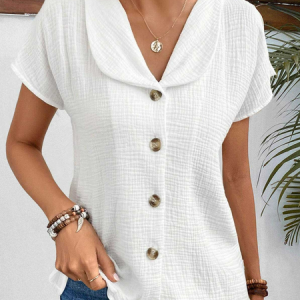 Loose Cotton Lapel Collar Casual Blouse, Shirts & Blouses, color:White|size:XXL, JustFashionNow
