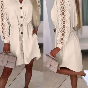 Lace Plain Casual V Neck Dress With Belt, Dresses, color:Apricot|size:XXL, JustFashionNow