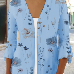 Plus Size Floral Printed Casual Jersey Kimono, Coats, color:Blue|size:4X, JustFashionNow
