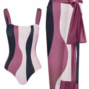 Casual Striped Printing One Piece With Cover Up, Coverups, color:Rose Red|size:XXL, Stylewe