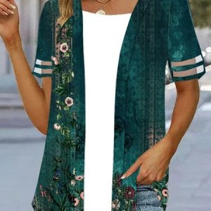 Vacation Floral Regular Fit V Neck Kimono, Cardigans, color:darkgreen|size:3XL, JustFashionNow