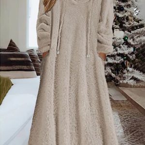 Casual Plain Winter Loose Drawstring Fluff/Granular Fleece Fabric Hoodie Dress, Midi Dresses, Roselinlin - Online Catalog