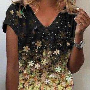 Casual V Neck Floral T-Shirt, T-Shirts, color:Yellow|size:XXL, JustFashionNow