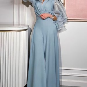 Elegant Shawl Collar Plain Regular Fit Jumpsuit, Jumpsuits, color:Blue|size:XXL, Stylewe