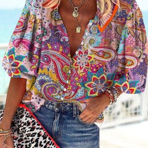 Casual Shirt Collar Floral Loose Blouse, Shirts & Blouses, color:Multicolor|size:XXL, JustFashionNow