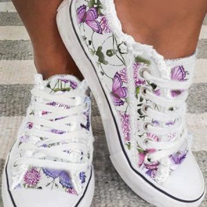 Floral Light Lace Up Canvas Sneakers, color:As Picture|size:43, Lilicloth.com