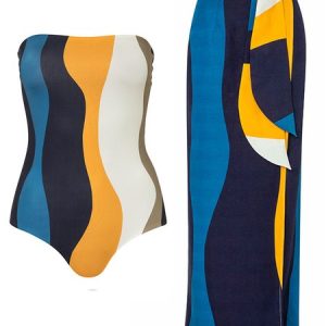 Vacation Abstract Printing Strapless One Piece With Cover Up, Swimsuit with Coverups, color:Multicolor|size:XXL, Stylewe
