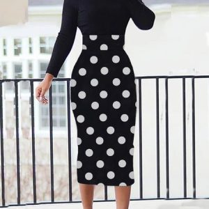Elegant Turtleneck Polka Dots Midi Dress, Midi Dresses, color:Black-white|size:XXL, Stylewe